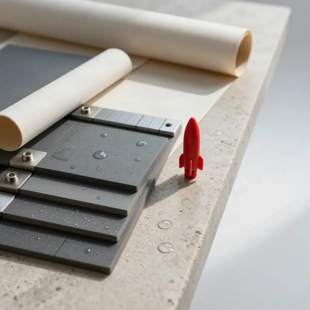 Graphite planning tiles, aluminium clips, tracing paper, and a red marker on cool concrete.