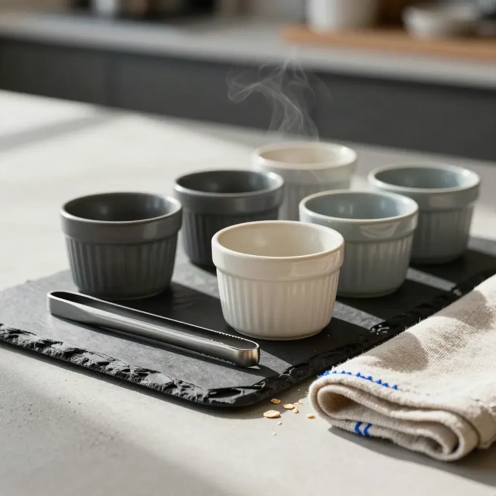 Stacked ramekins, tweezers, linen and slate on pale concrete with steam and blue accent.
