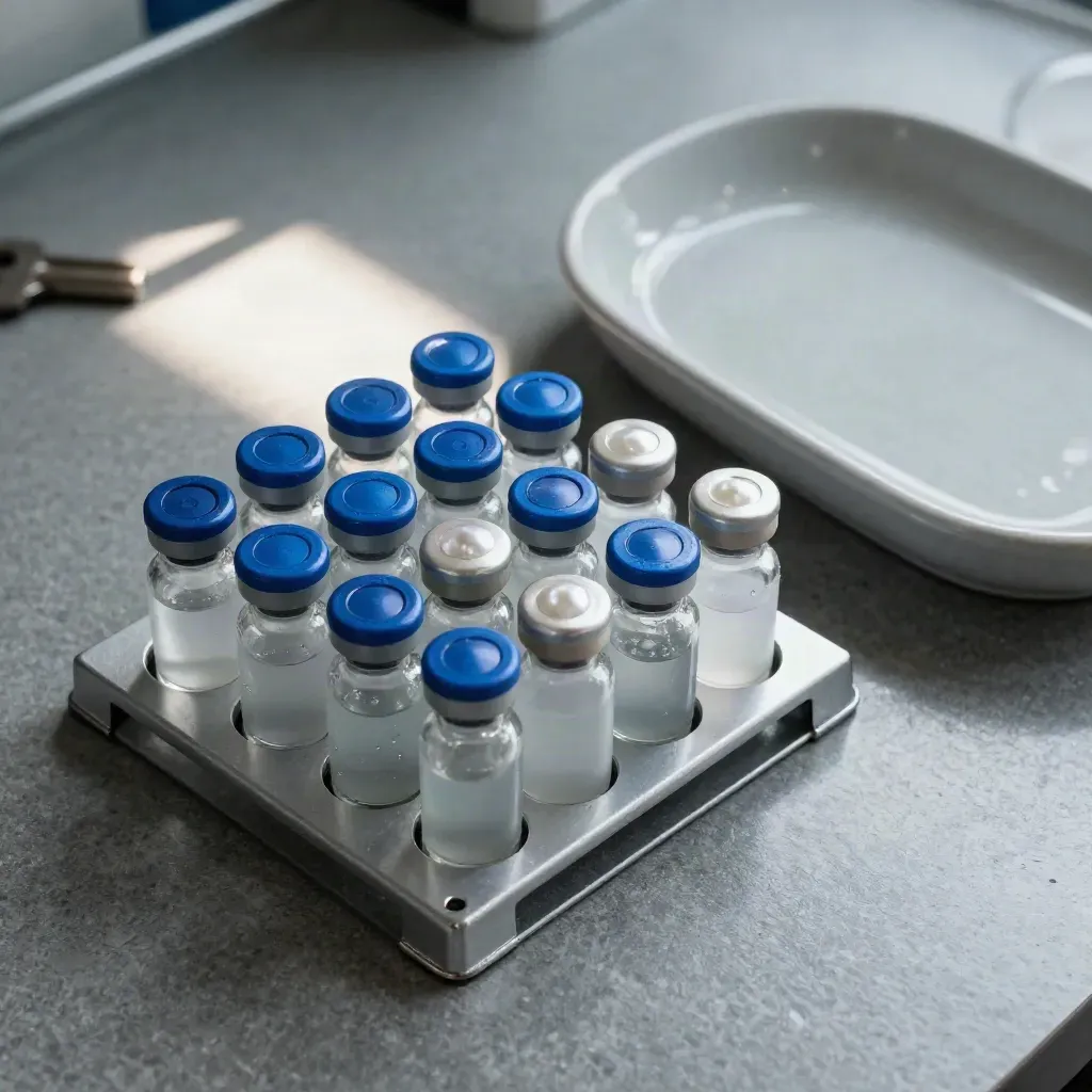 Top-down lab still life of glass vials in an aluminium rack beside a ceramic dish.