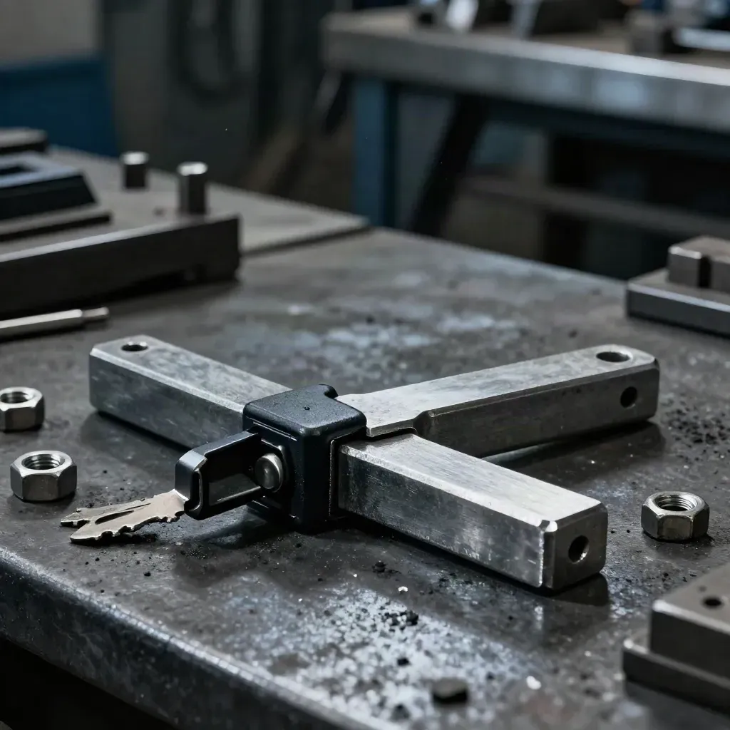 Steel brackets clamped on a dark metal plate in a dim workshop