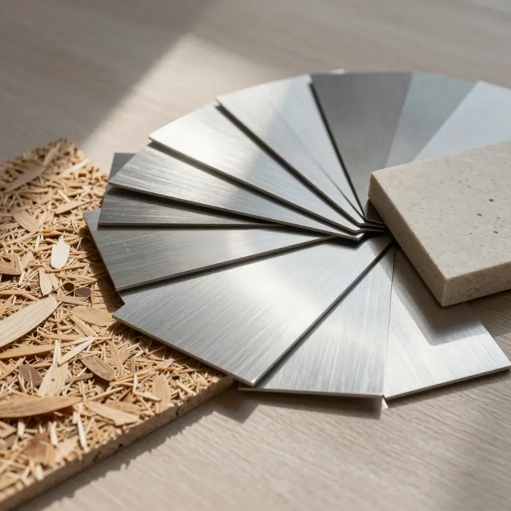 Wood, aluminium, and stone finish samples fanned on pale wood in soft directional light.