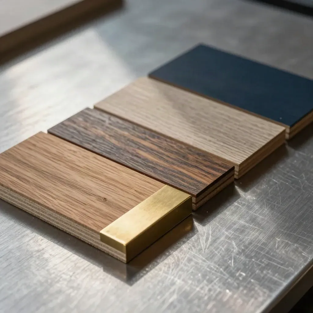 Macro still life of veneer chips and a brass corner sample on brushed steel.