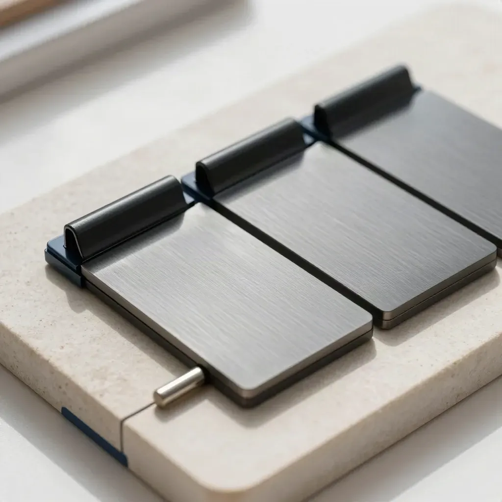 Top-down macro of magnetic task-board tiles, clips and steel spacer on pale stone