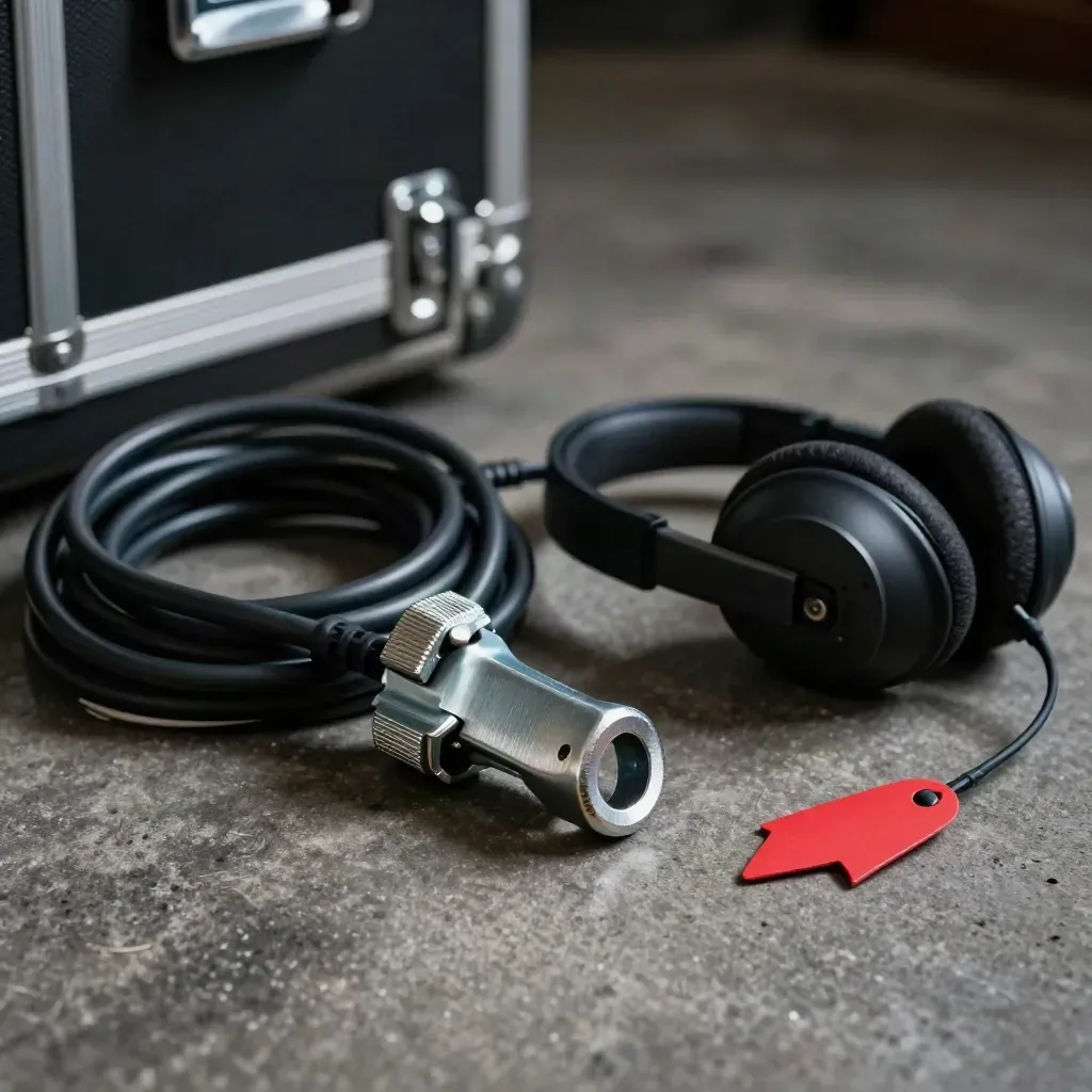 Rigging coupler, coiled cable, and headset earpiece on dark concrete with a red accent