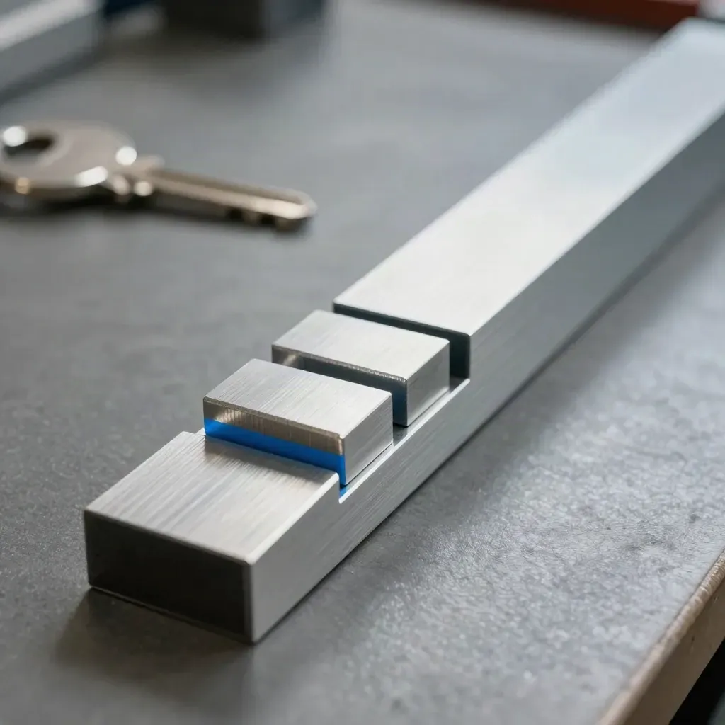 Interlocking aluminium timeline bars on brushed steel with blue spacers under dramatic light