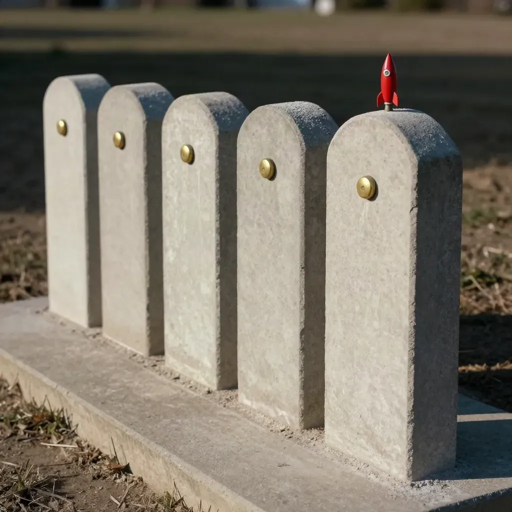Stone milestone markers with brass pins in concrete, one taller marker locking into place.