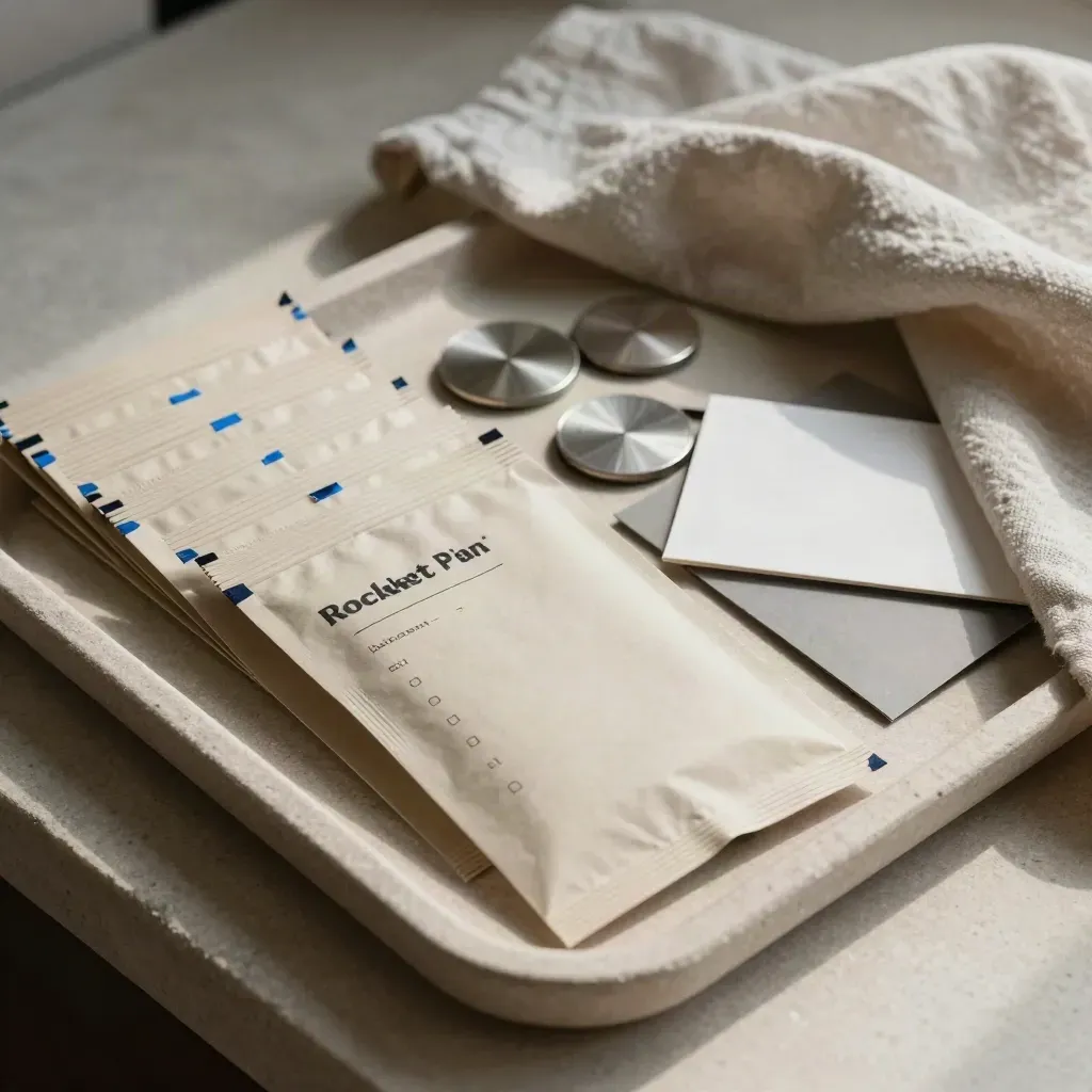 Launch checklist packets, steel tokens, blank cards, and linen on pale stone with soft daylight.