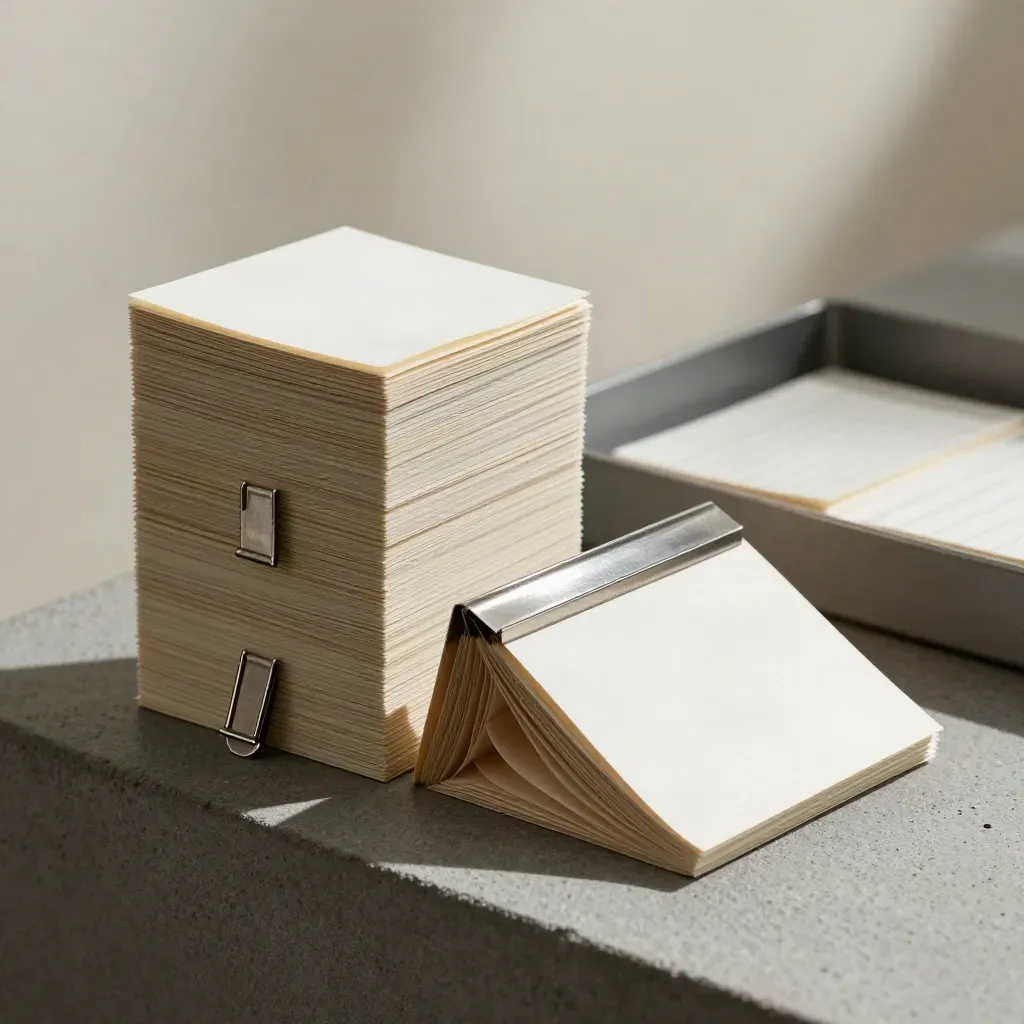 Uneven task card stacks clipped together on a graphite ledge, one taller than the other.