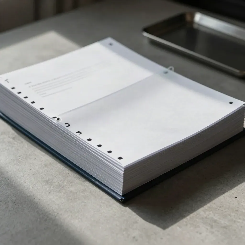 Brushed-metal tray with report pages and translucent dividers in moody studio light.