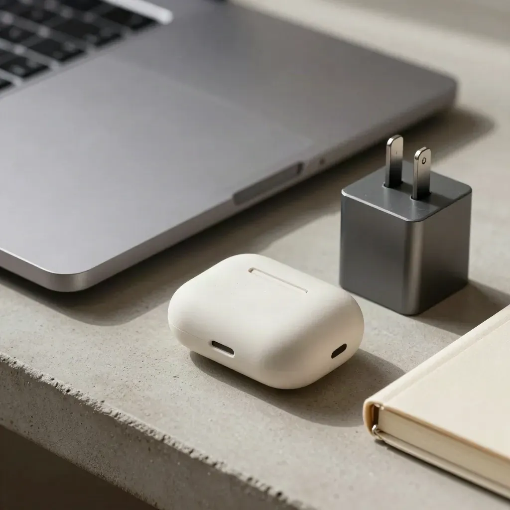 Macro of a closed laptop, notebook, earbuds, charger and foam prototype on a workbench.
