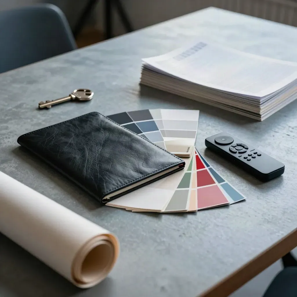 Agency lead still life with swatch fan deck, portfolio folio, remote, papers, and rolled canvas.