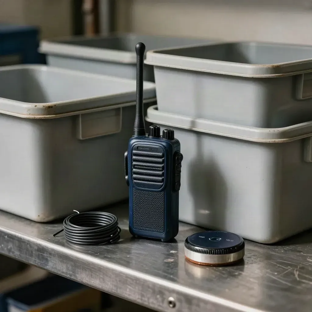 Nested storage bins, radio, cable ties, and timing puck on a workbench viewed past a blurred shelf edge.