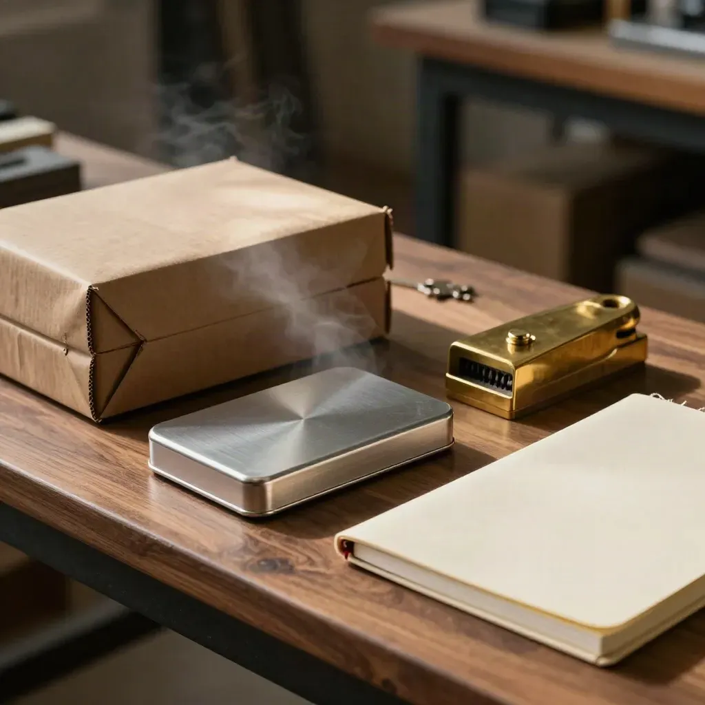 Shipping kit still life with mailer, sample case, paperweight and notebook