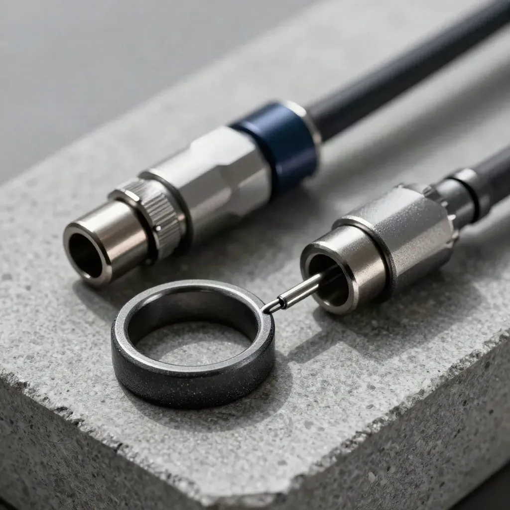 Macro of graphite connector rings and ferrules on stone with a navy accent
