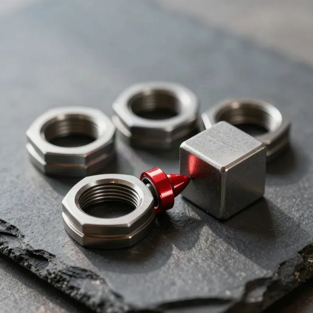Extreme macro of metal couplers, linked loops and a steel cube on dark slate.