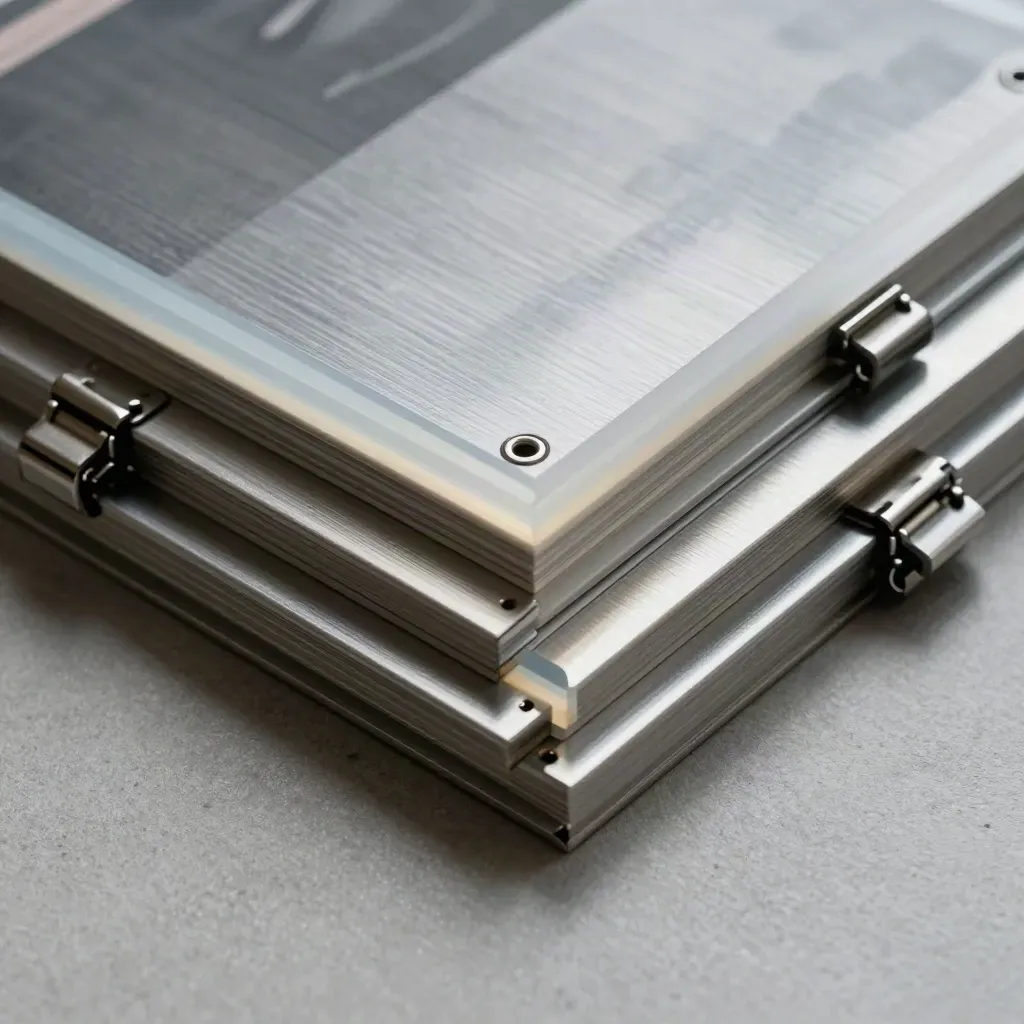 Overhead close-up of nested metal frames and an acrylic spacer on brushed aluminium.
