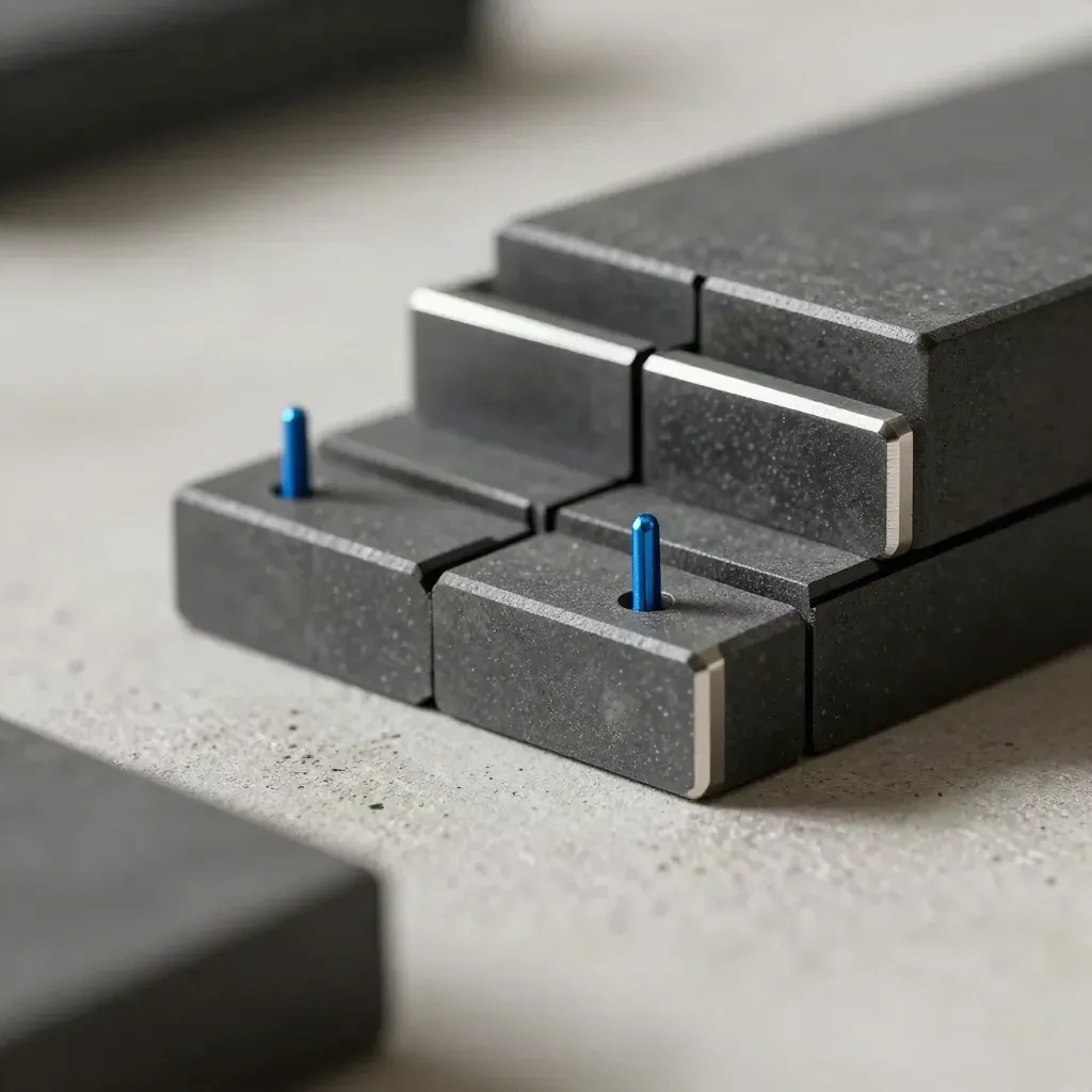 Graphite workflow blocks with blue pin on pale concrete, dramatic studio still life.