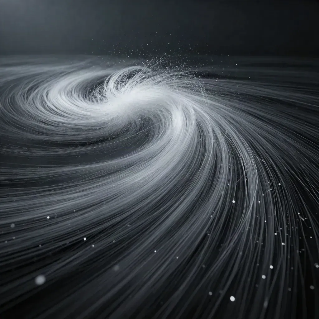 Silver filaments stream through graphite space into a soft white bloom with drifting haze.